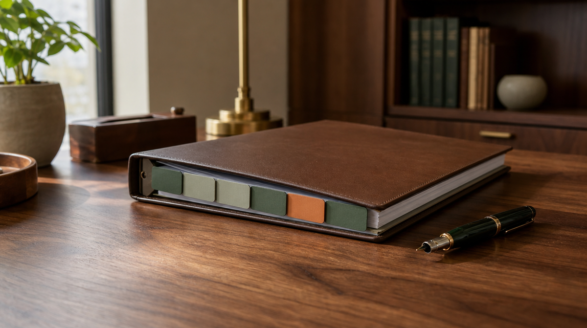 A tabbed leather binder closed on a walnut desk beside a fountain pen
