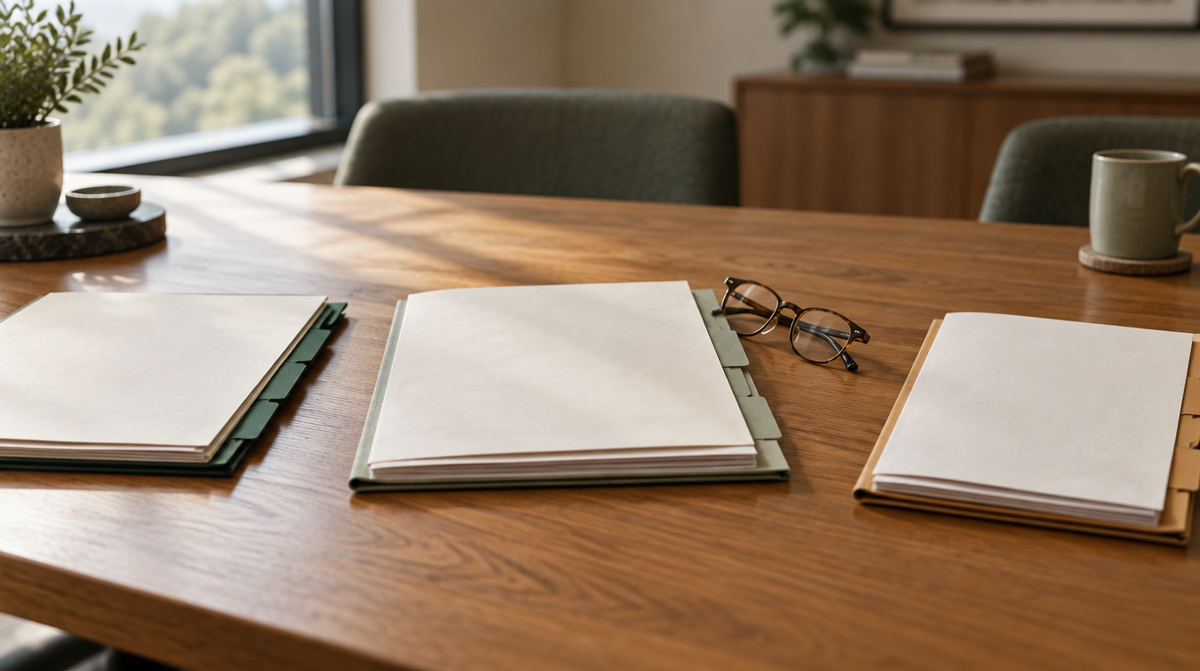 Three tabbed document sets fanned across an oak conference table beside reading glasses