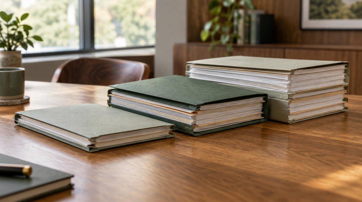 Three document stacks of increasing thickness stepping up across an oak conference table