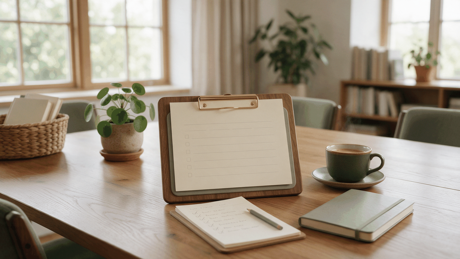 A weekly meeting agenda on a clipboard beside a coffee cup and a closed notebook