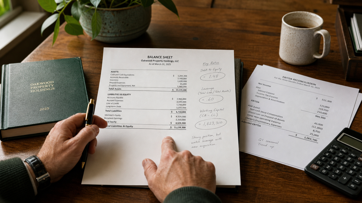 A business owner reviewing a balance sheet and ratio analysis at a desk