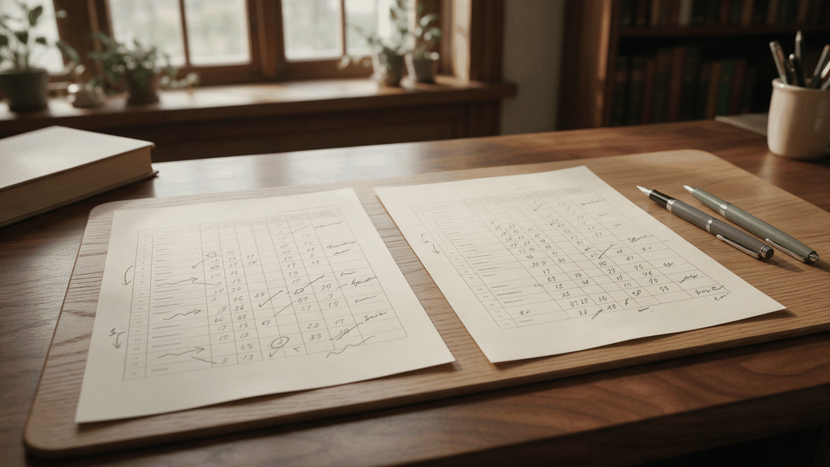 Two scorecards side by side on a desk, marked in different handwriting