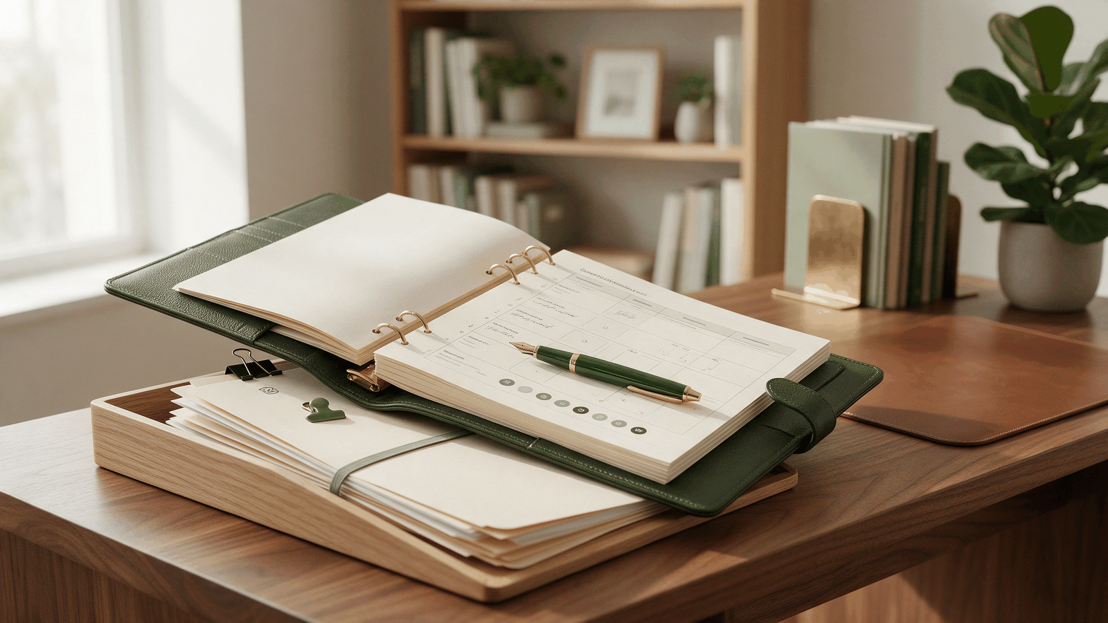 A quarterly planning binder open to a scorecard, with a pen resting on the page