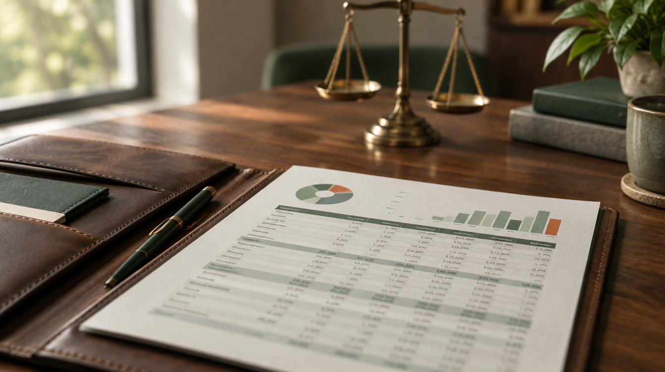A cap table printout in a leather portfolio beside a brass balance scale on a walnut desk