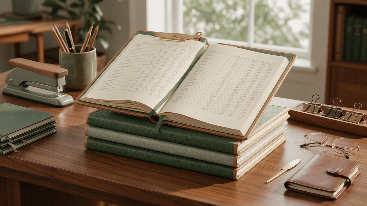 Four ledger folders stacked on a walnut desk, the top one open to a closing statement