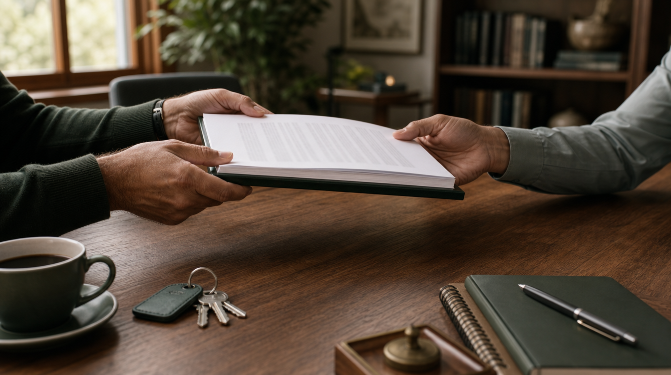 Two people passing a bound document across a wooden conference table, a set of keys resting nearby