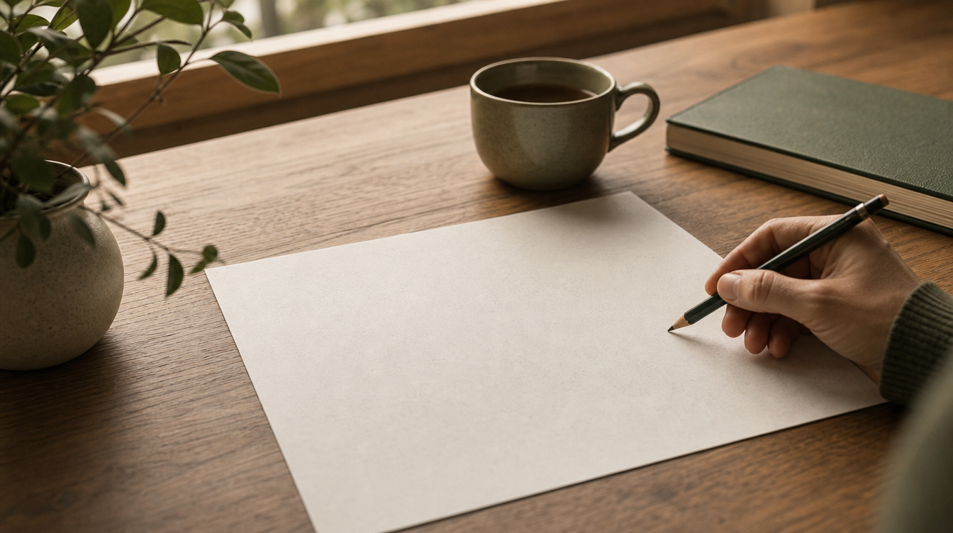 A blank sheet of paper on a wooden desk with a pencil in hand and a cup of coffee