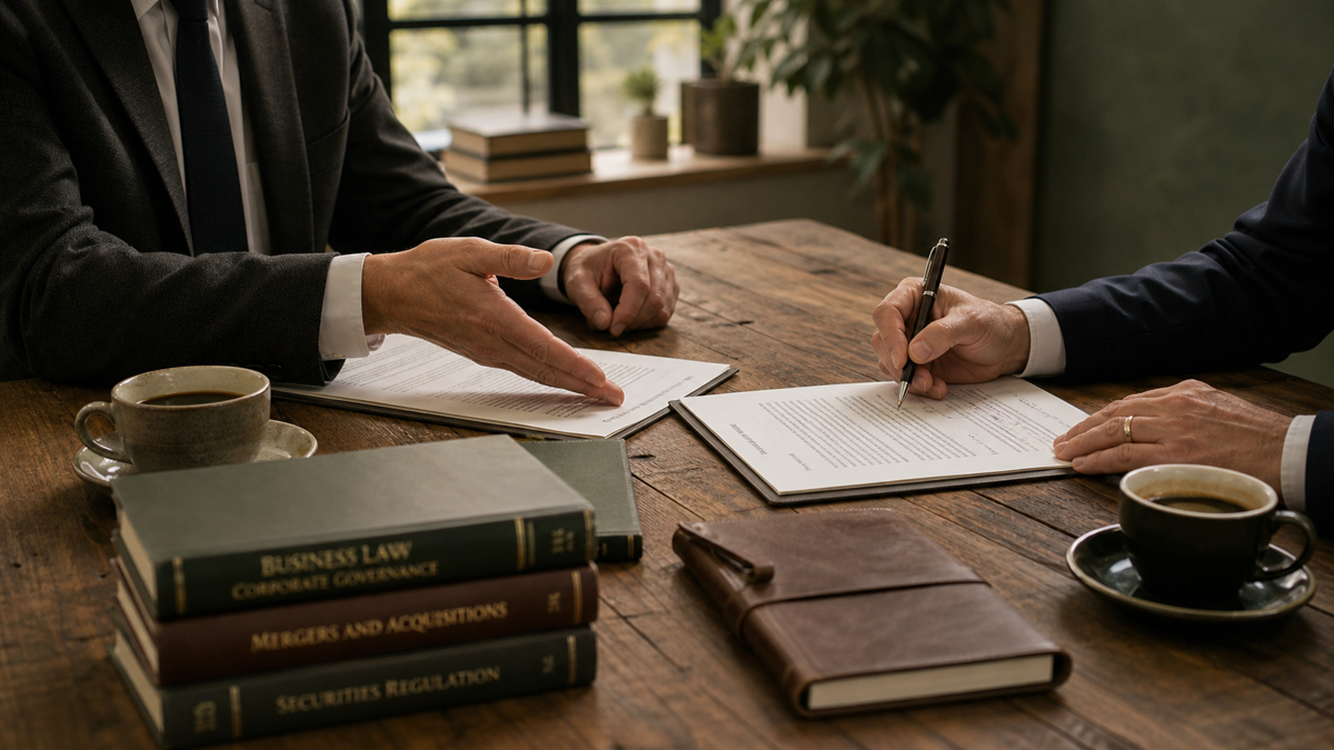 Two business partners reviewing a buy-sell agreement at a conference table