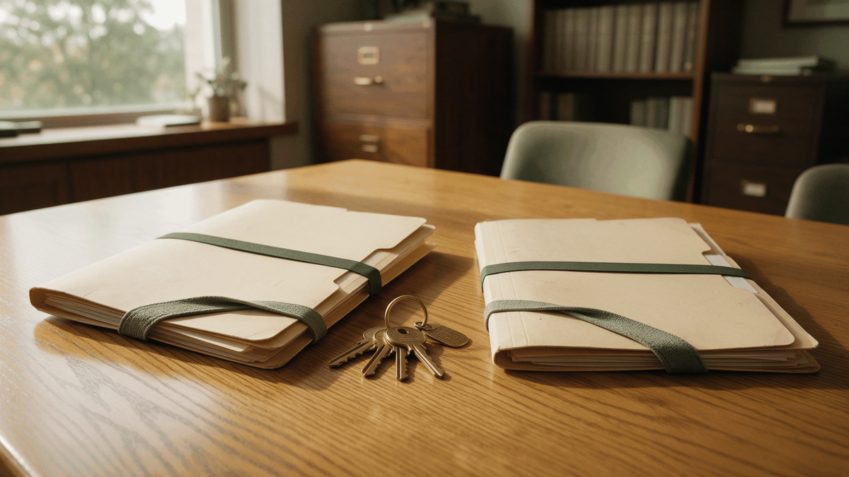 Two folders on a conference table, one marked price and one marked fit, with a set of keys between them