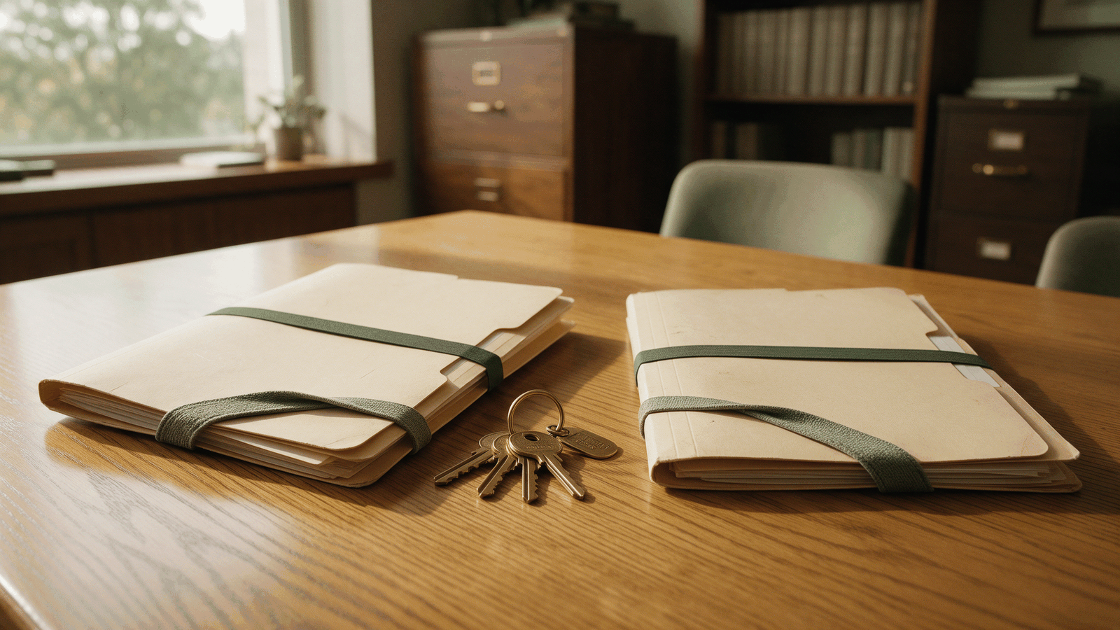 Two folders on a conference table, one marked price and one marked fit, with a set of keys between them