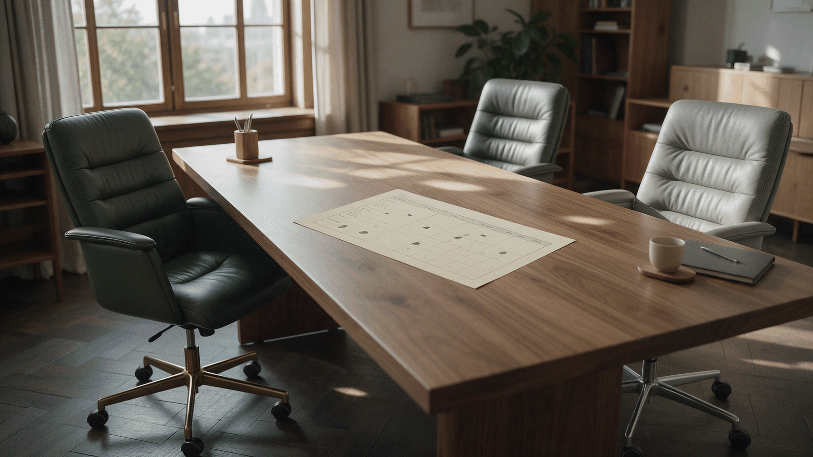 A partners' meeting table with a printed scorecard and four chairs pulled in close