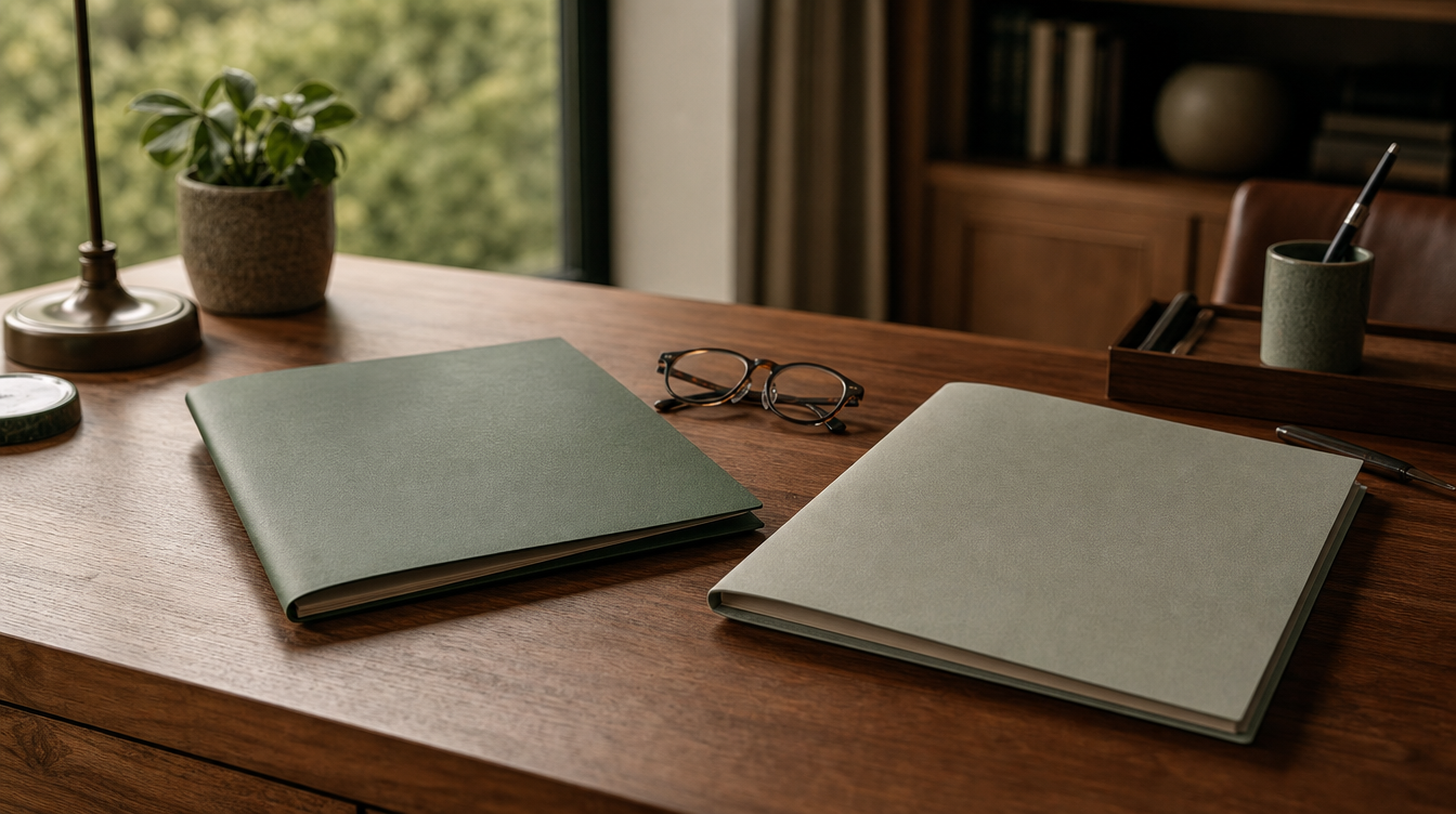Two unlabeled folders set side by side on a wooden desk, a pair of reading glasses between them
