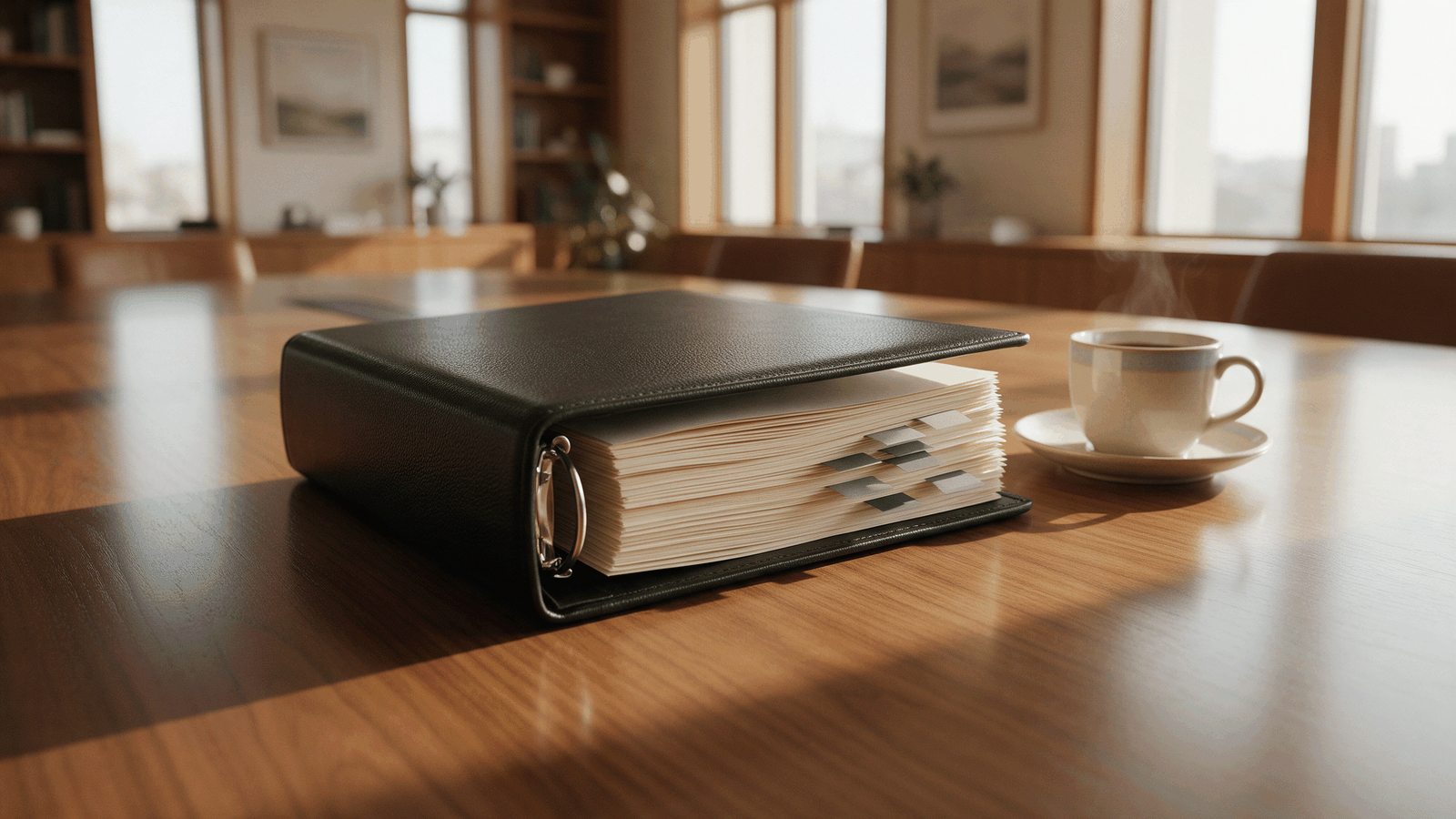 A color-coded binder of signed agreements on a boardroom table beside a coffee cup