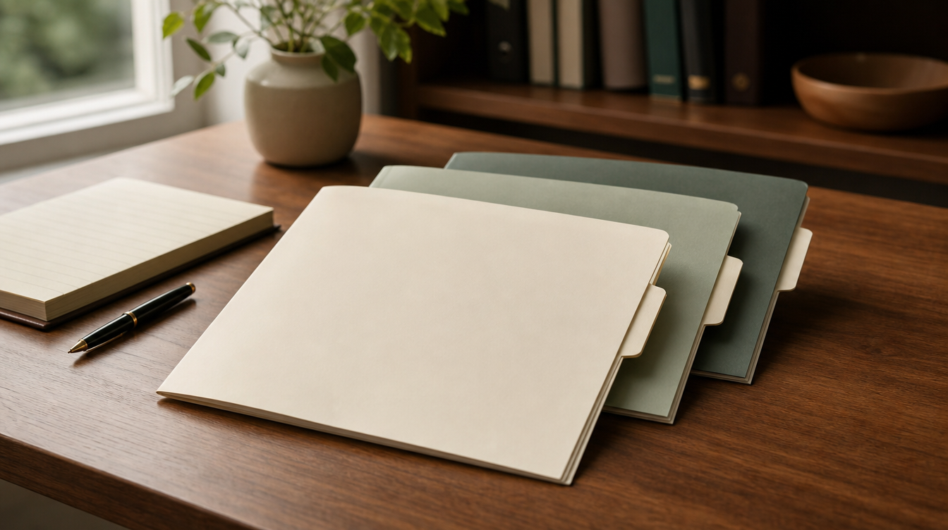 Three unlabeled folders fanned across a wooden desk beside a notepad and pen