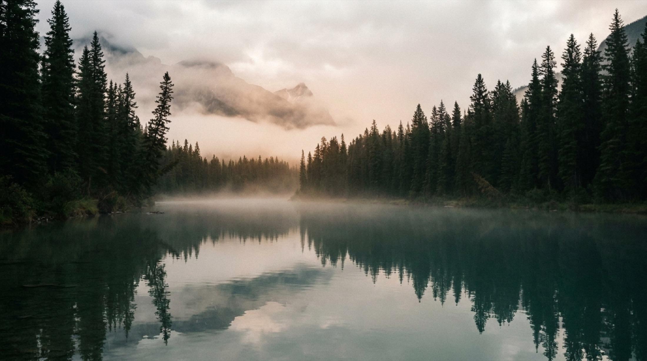A still, misty river winding through an evergreen forest at dawn