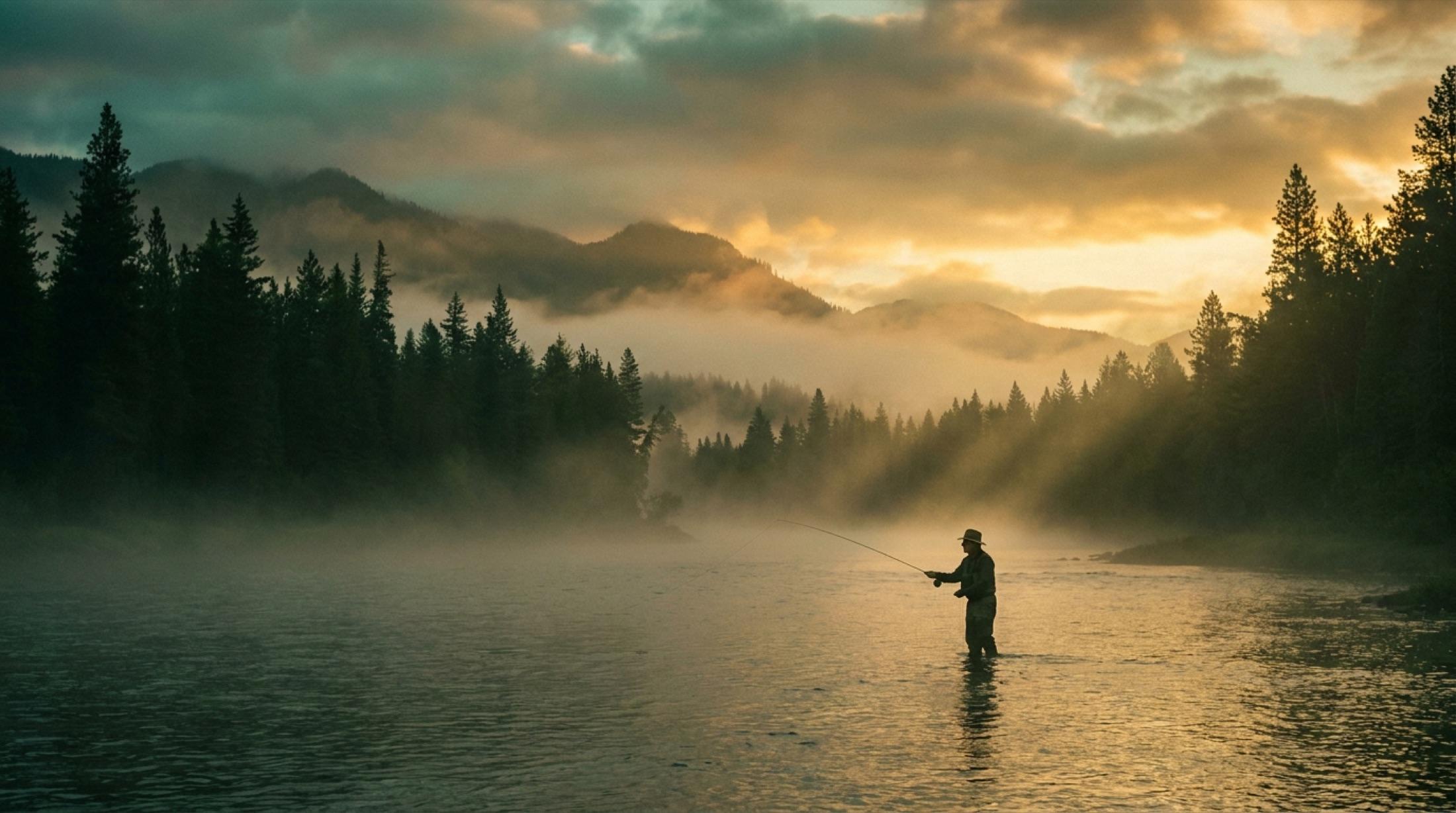 A lone angler fly fishing on a vast, misty mountain river at golden dawn